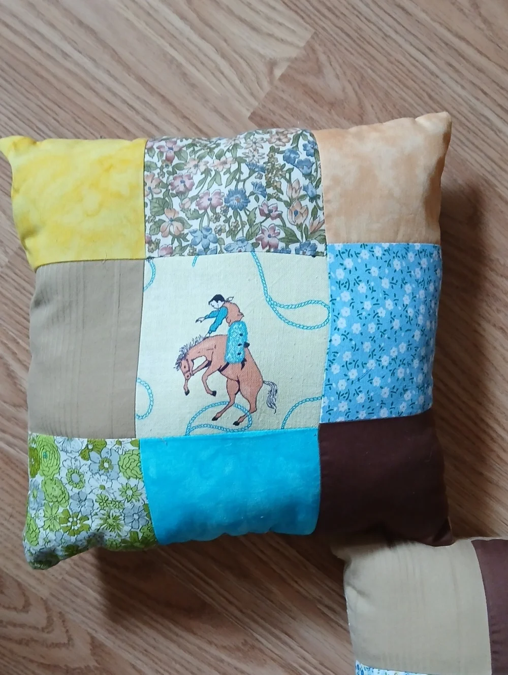 Patchwork Cowboy Print Holiday Throw Pillow - Blue, Brown, Yellow